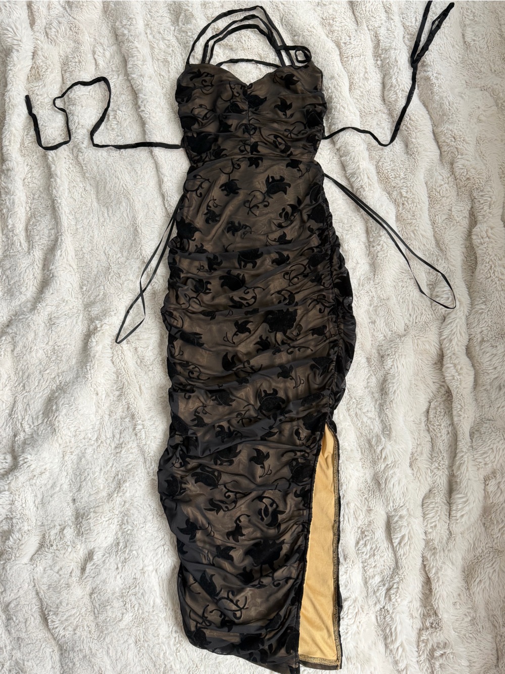 privy Black Overlay Floral Ruched Dress with Gold Lining